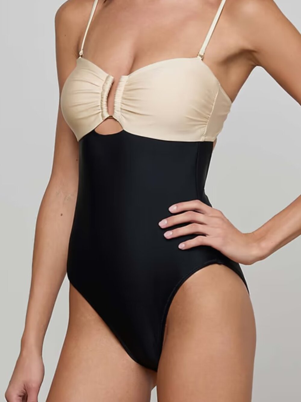 Beige and Black Cutout One-Piece Swimsuit